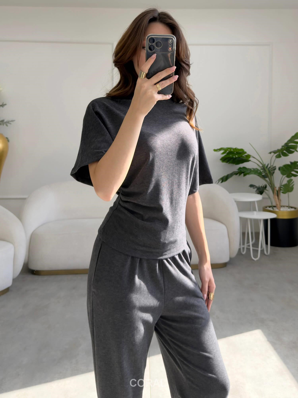 Yanları Büzgülü Kısa Kol Bluz 31363 SiyahCoral