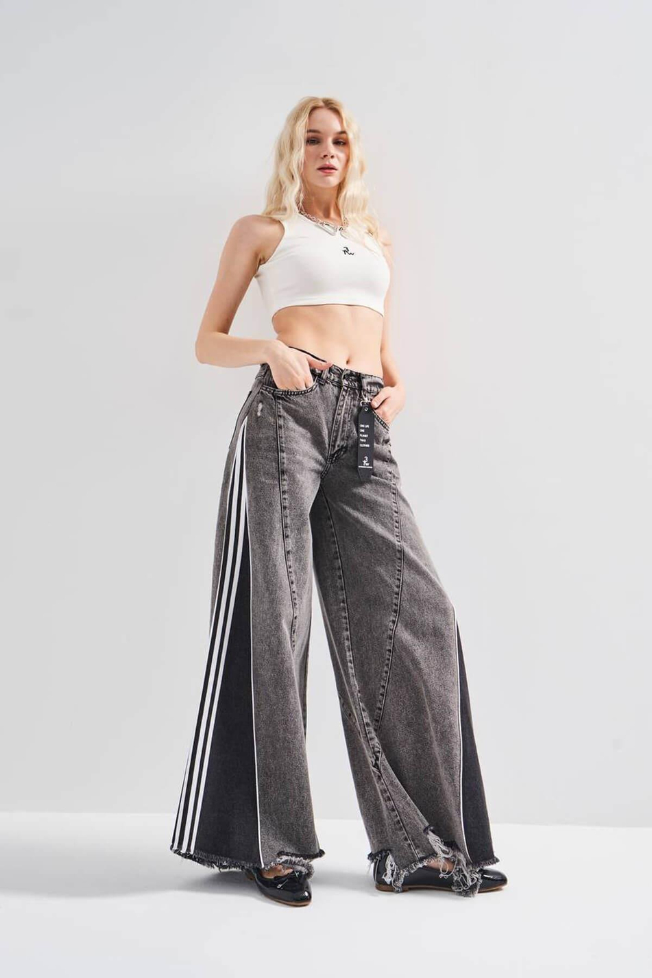 Yanları Şeritli Kot Pantolon Siyah-Coral