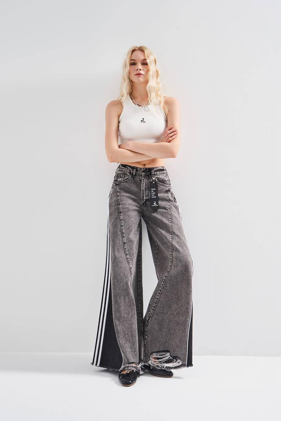Yanları Şeritli Kot Pantolon Siyah-Coral