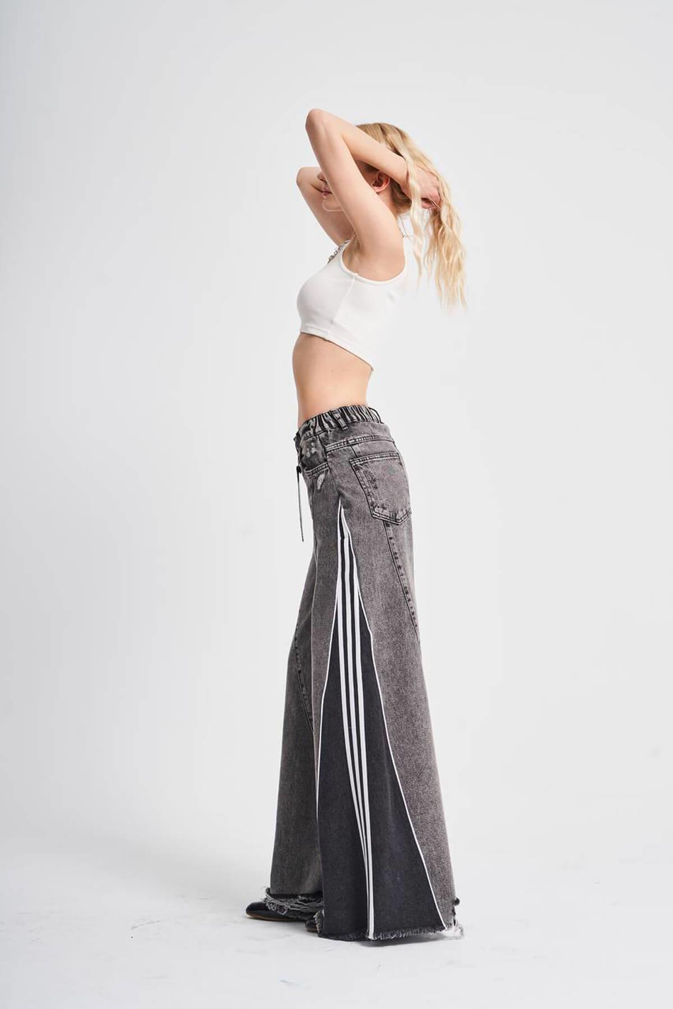 Yanları Şeritli Kot Pantolon Siyah-Coral