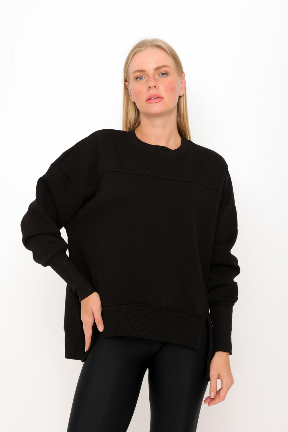 Yanları Yırtmaçlı Owersize Sweatshirt Siyah-Coral