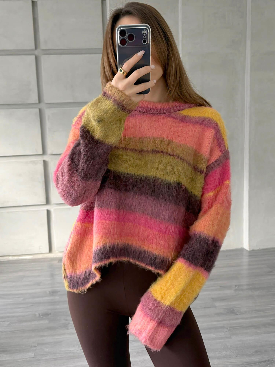 Yatay Renkli Çizgili Kazak 3162 Fuşya - SarıCoral