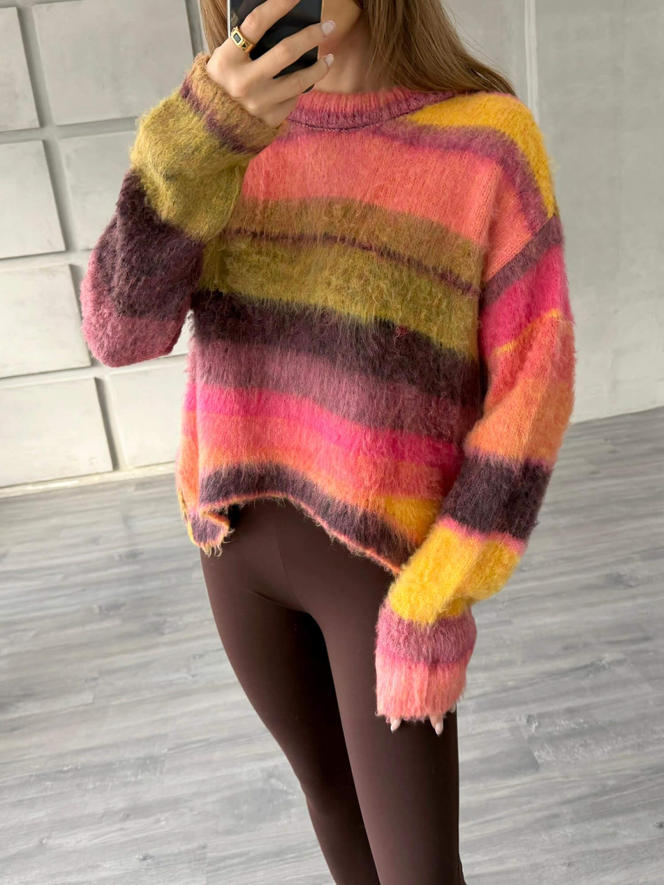 Yatay Renkli Çizgili Kazak 3162 Fuşya - SarıCoral