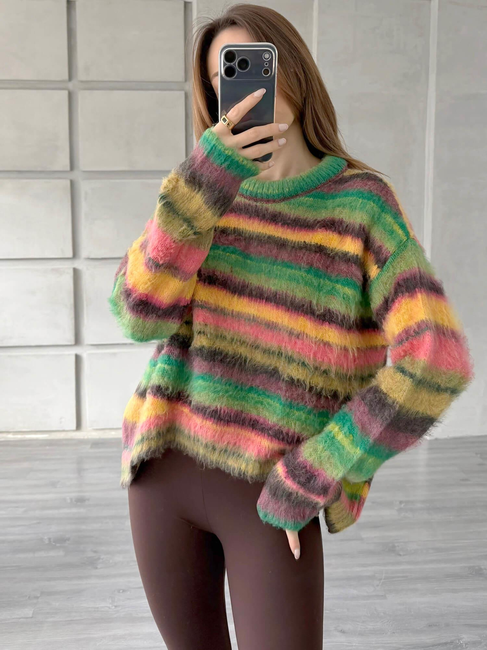 Yatay Renkli Çizgili Kazak 3162 Yeşil - Sarı