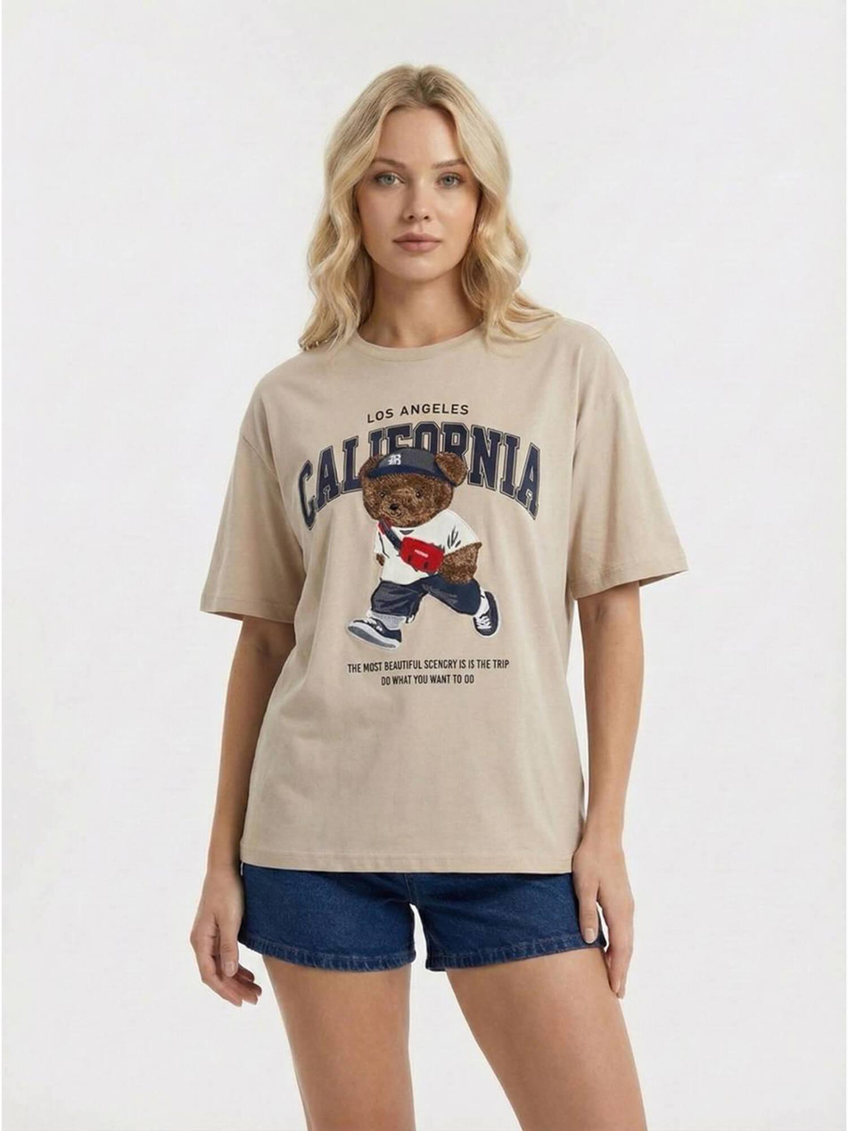 Yazılı Ayıcık Baskılı Tişört 7430 BejCoral