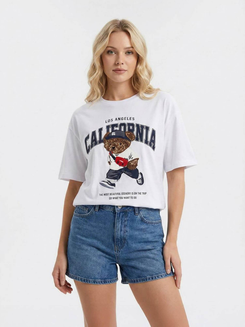 Yazılı Ayıcık Baskılı Tişört 7430 BeyazCoral