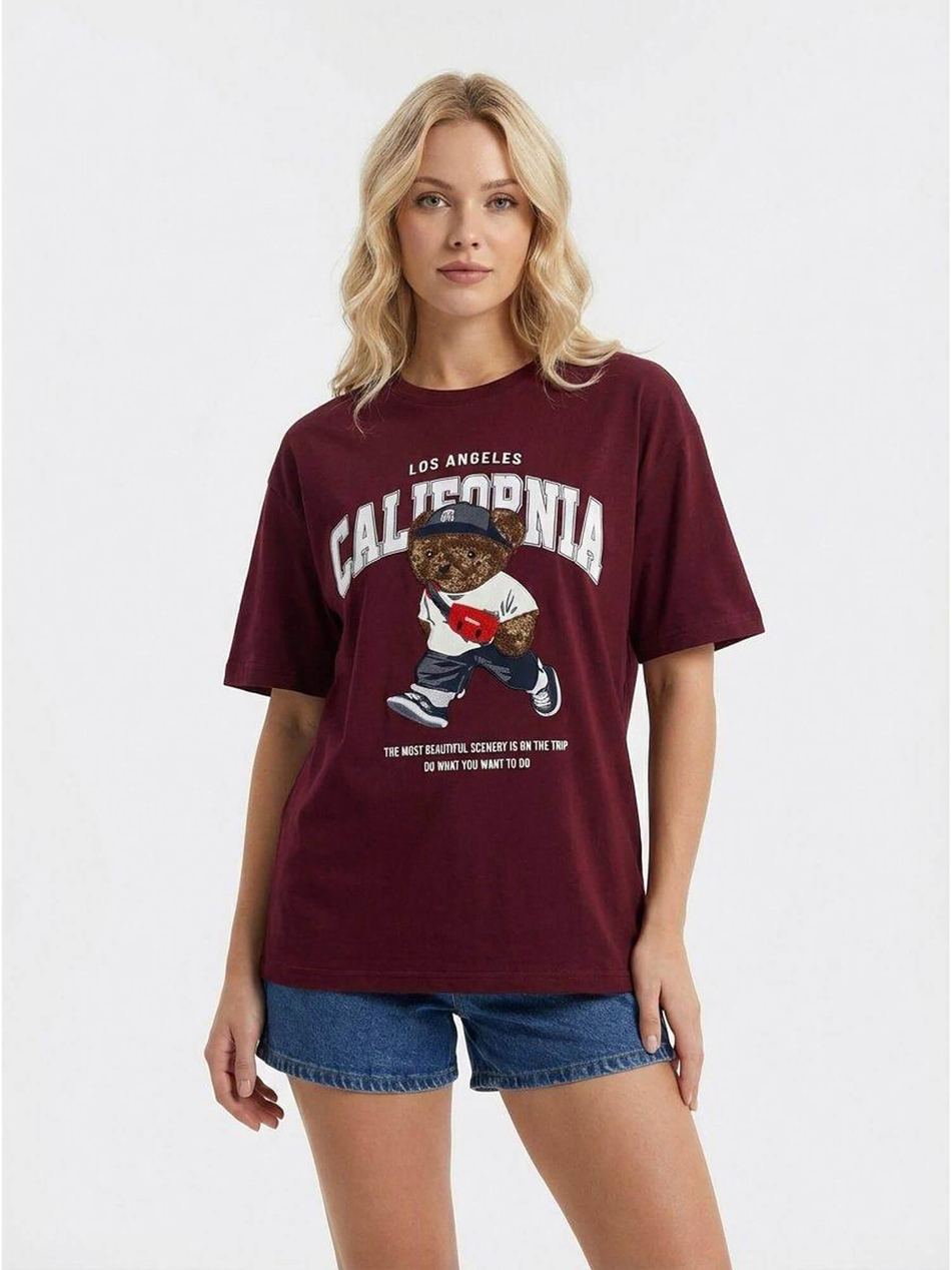 Yazılı Ayıcık Baskılı Tişört 7430 BordoCoral