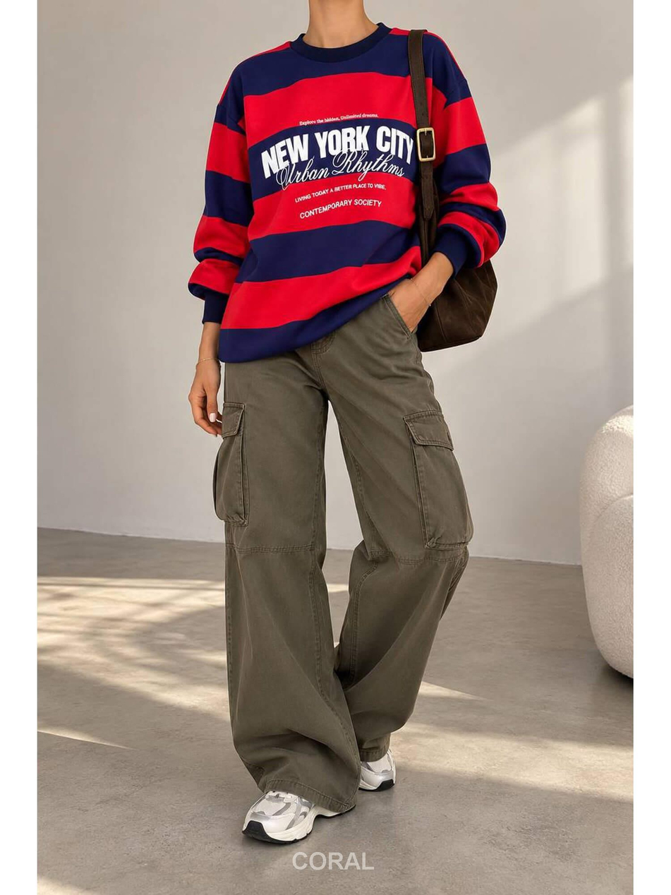 Yazılı Kalın Çizgili Sweatshirt 1132 KırmızıCoral