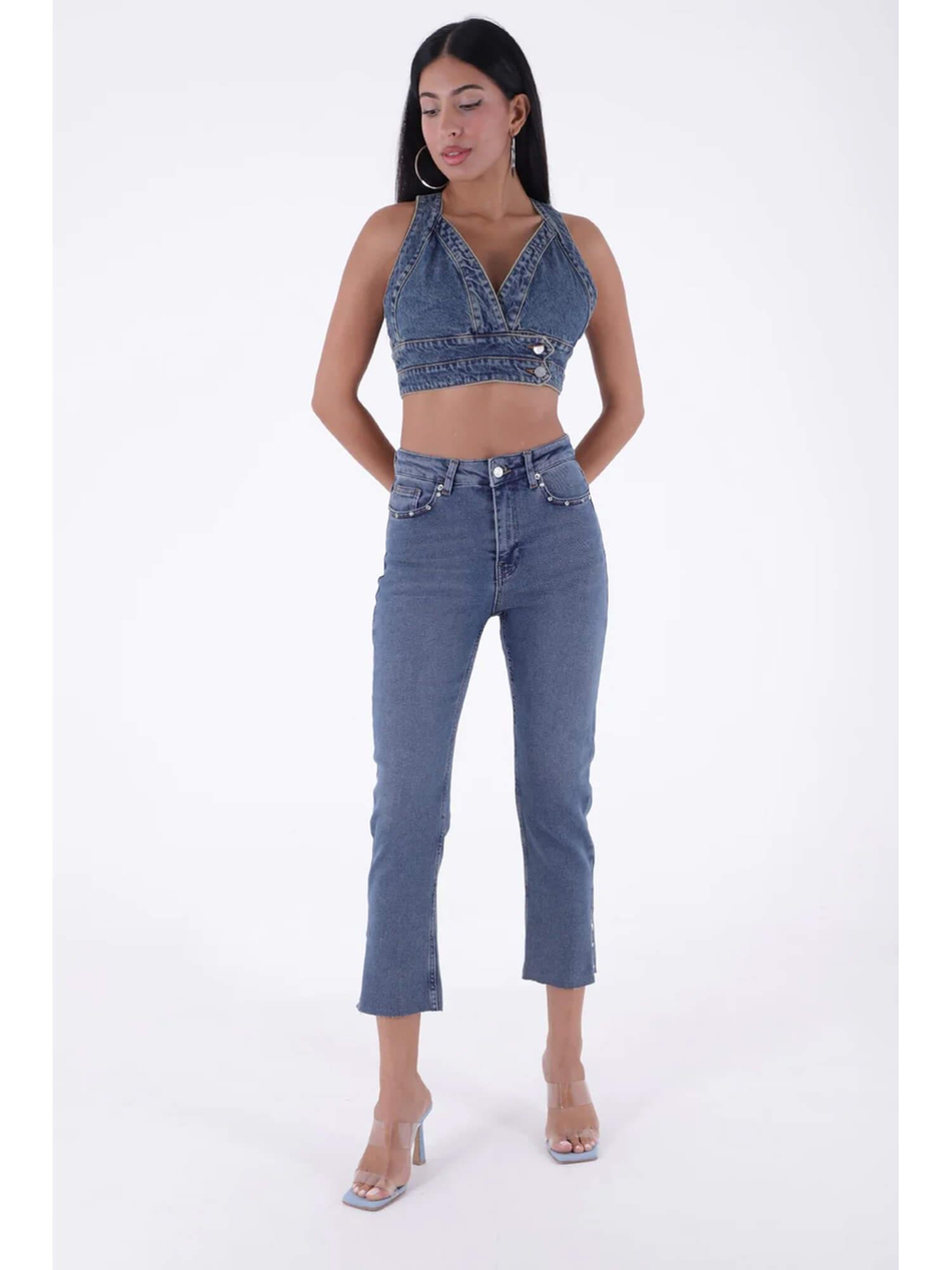 Yıkamalı Yüksek Bel Pantolon 1774 MaviCoral