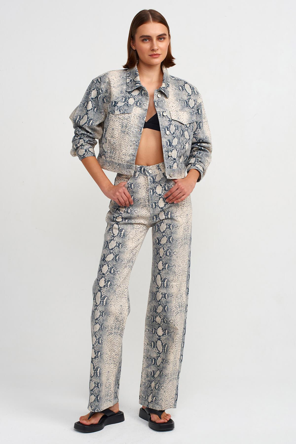 Yılan Desenli Yüksek Bel Pantolon Ekru-Coral