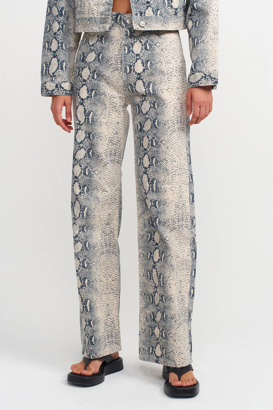 Yılan Desenli Yüksek Bel Pantolon Ekru-Coral