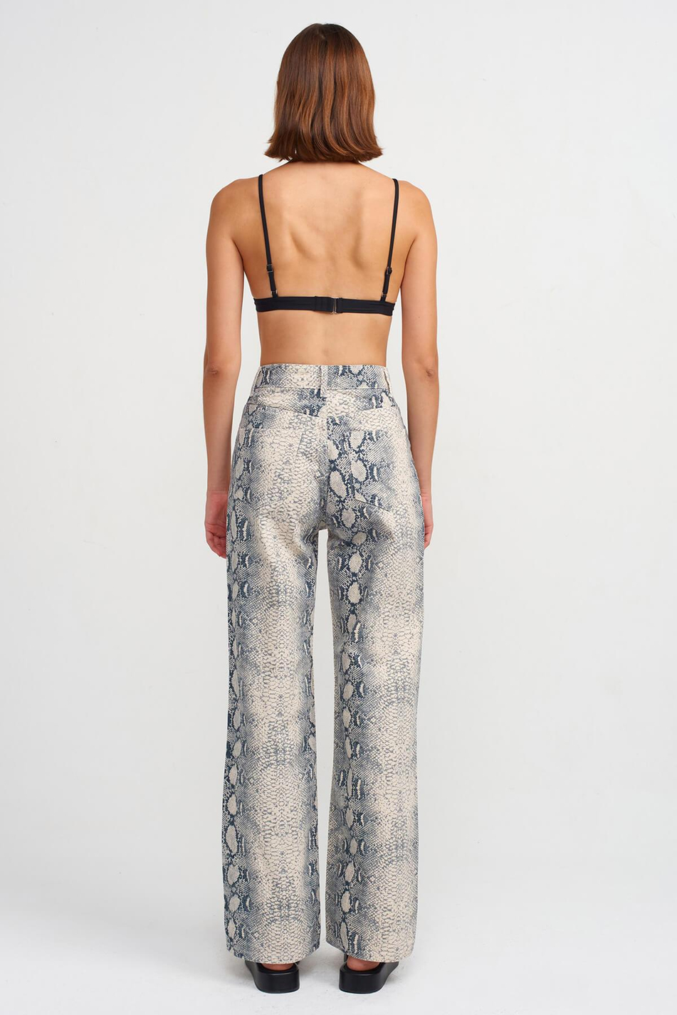 Yılan Desenli Yüksek Bel Pantolon Ekru-Coral