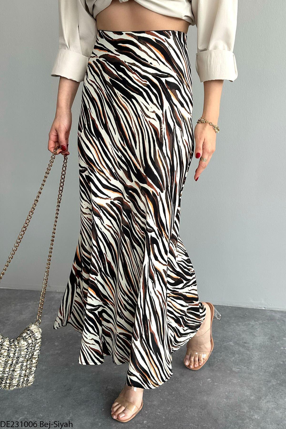 Zebra Desenli Saten Etek Bej - Siyah-Coral