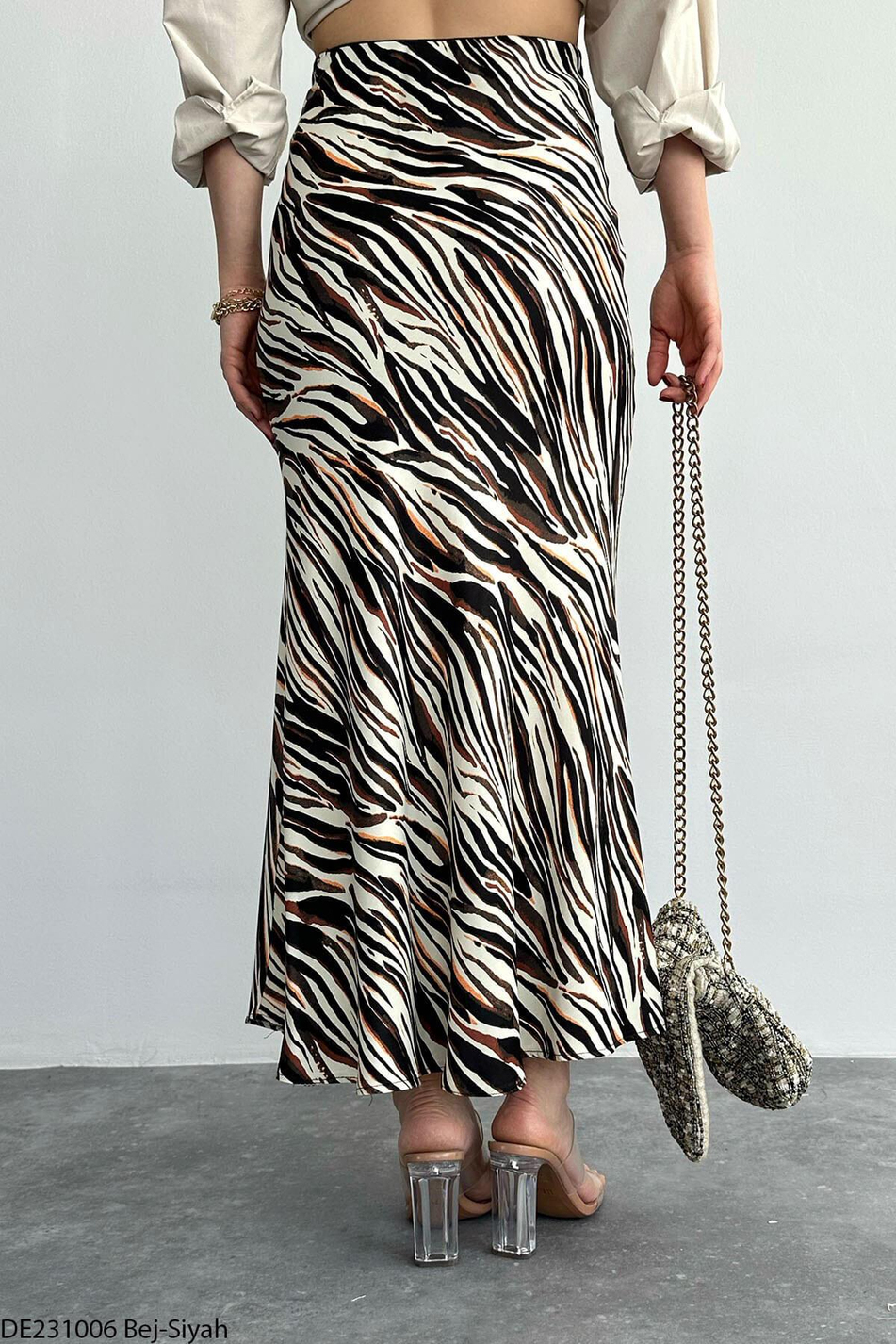 Zebra Desenli Saten Etek Bej - Siyah-Coral