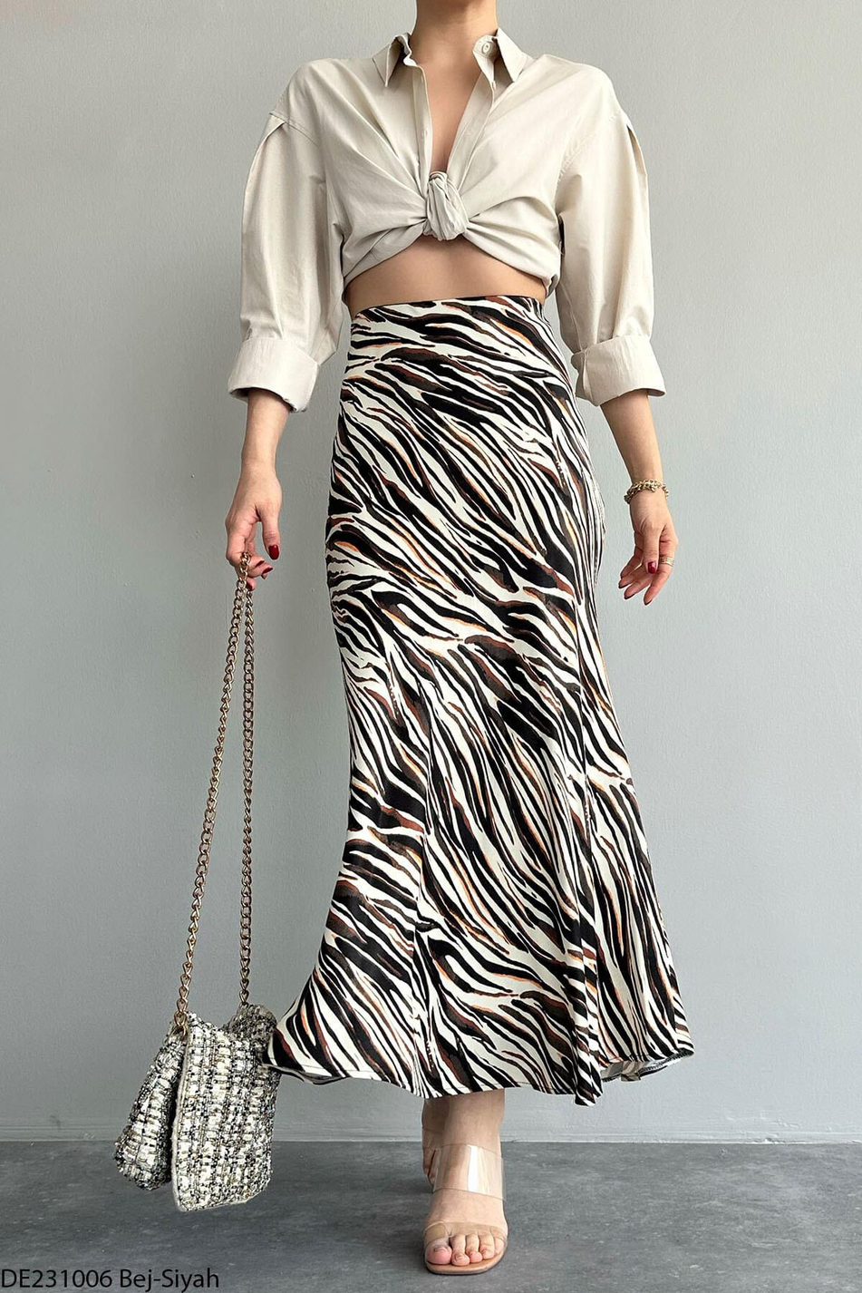 Zebra Desenli Saten Etek Bej - Siyah-Coral