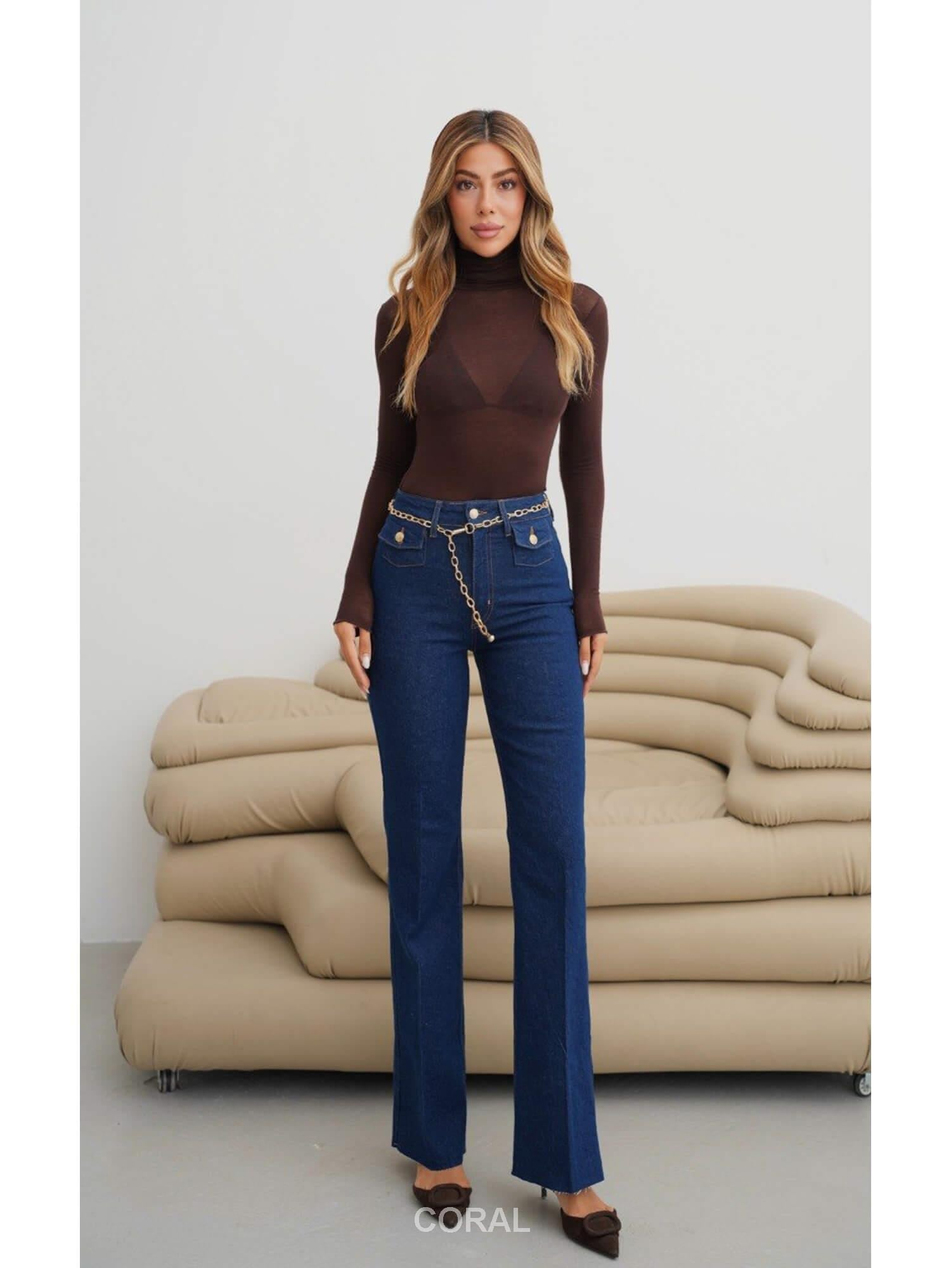Zincir Kemerli Kot Pantolon 8158 LacivertCoral