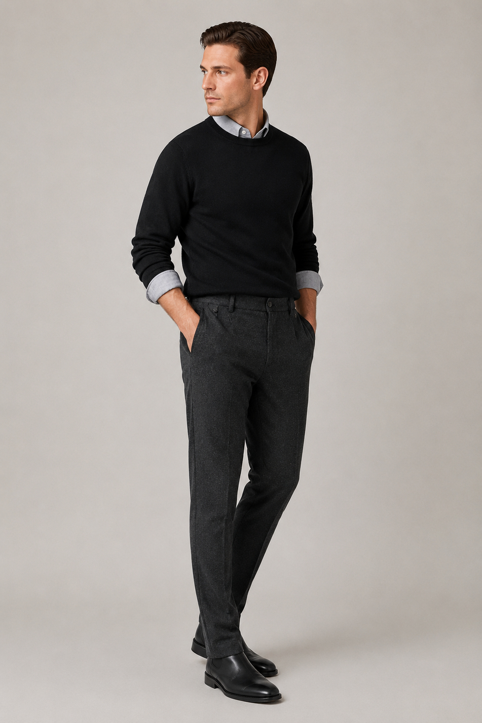 Erkek Antrasit Melanj Doku Kemer Tokalı Yumuşak Tuşeli Slim Fit Pantolon