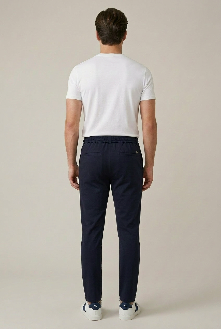 Erkek Lacivert Slim Fit Beli Yarım Lastikli Bağcıklı Yumuşak Tuşeli Jogger Pantolon