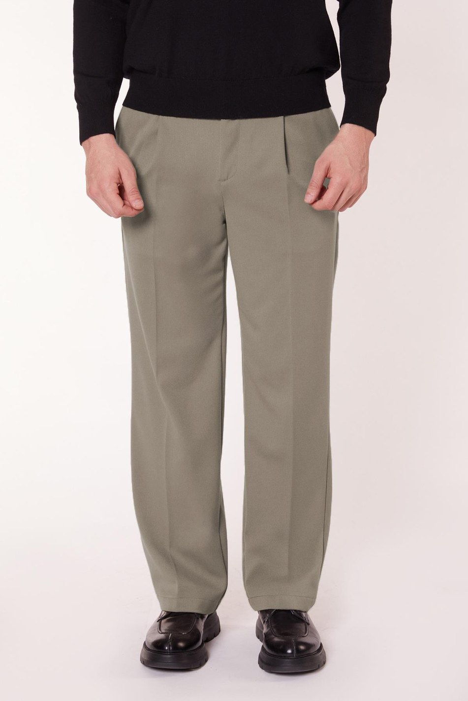 Erkek Pileli Dökümlü Geniş Paça Haki Baggy Pantolon