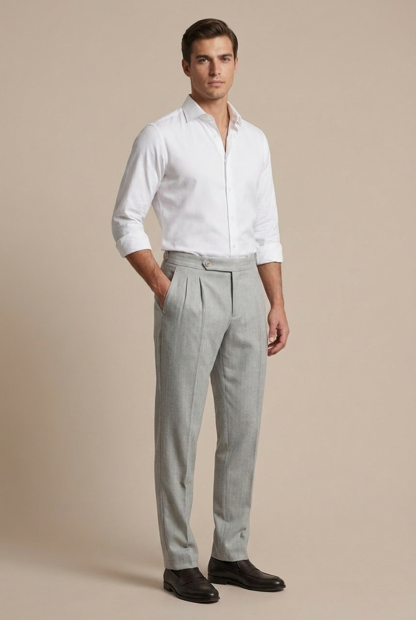 Erkek Açık Gri Balıksırtı Dokulu Çift Pilili Relaxed Fit Kumaş Pantolon