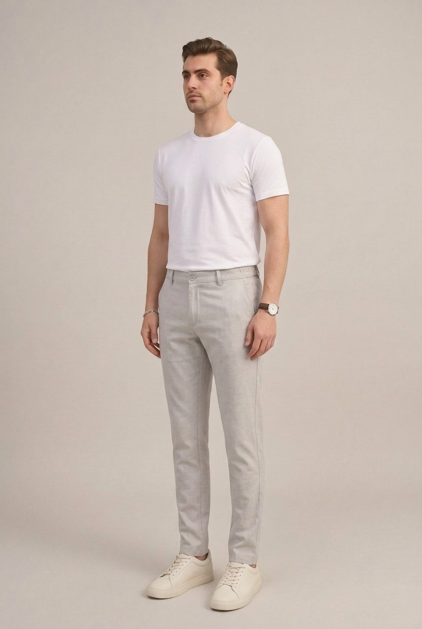 Erkek Açık Gri Slim Fit Yarım Lastikli Bel Klasik Pantolon