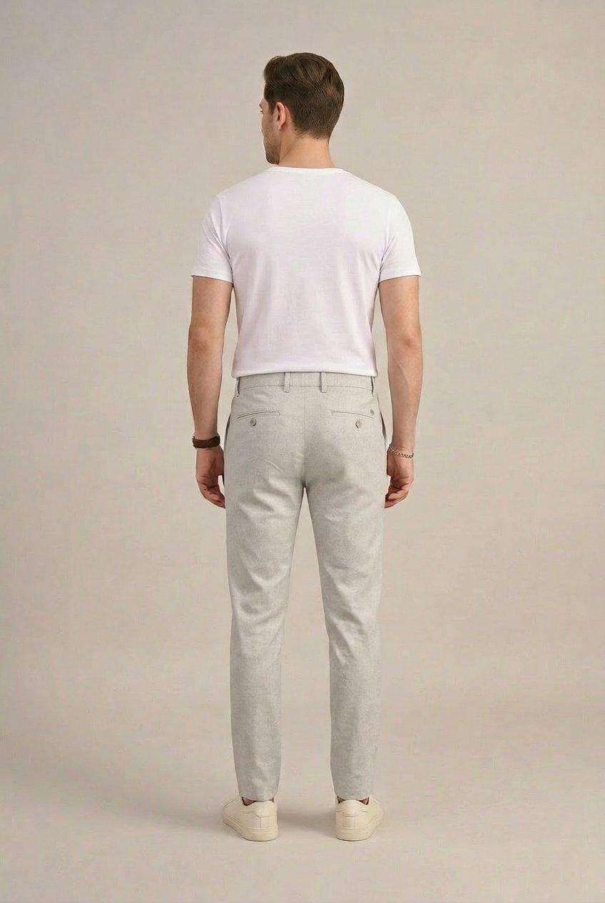 Erkek Açık Gri Slim Fit Yarım Lastikli Bel Klasik Pantolon