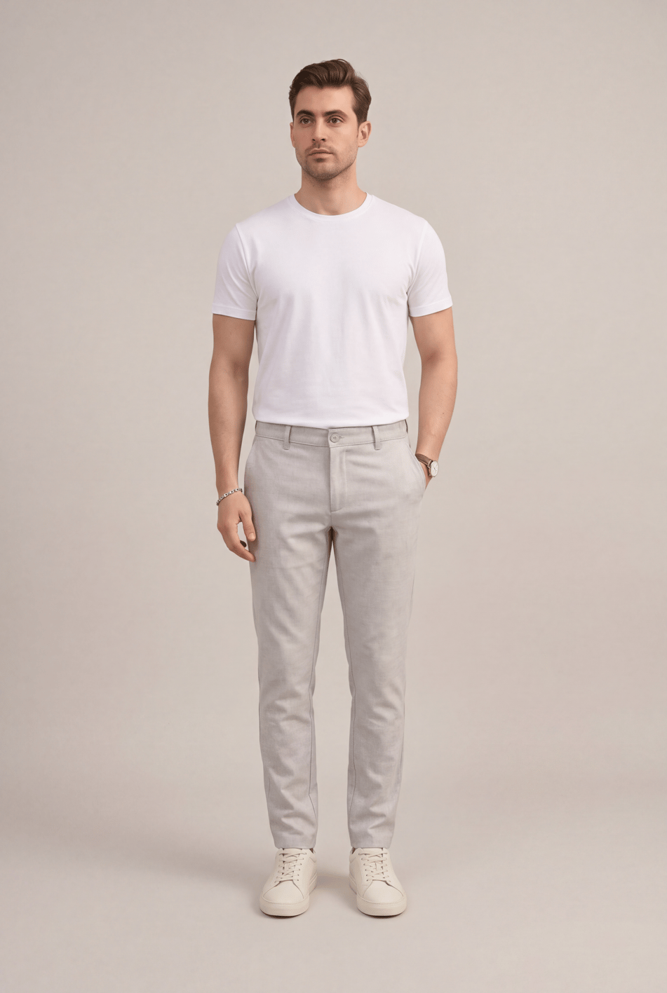 Erkek Açık Gri Slim Fit Yarım Lastikli Bel Klasik Pantolon
