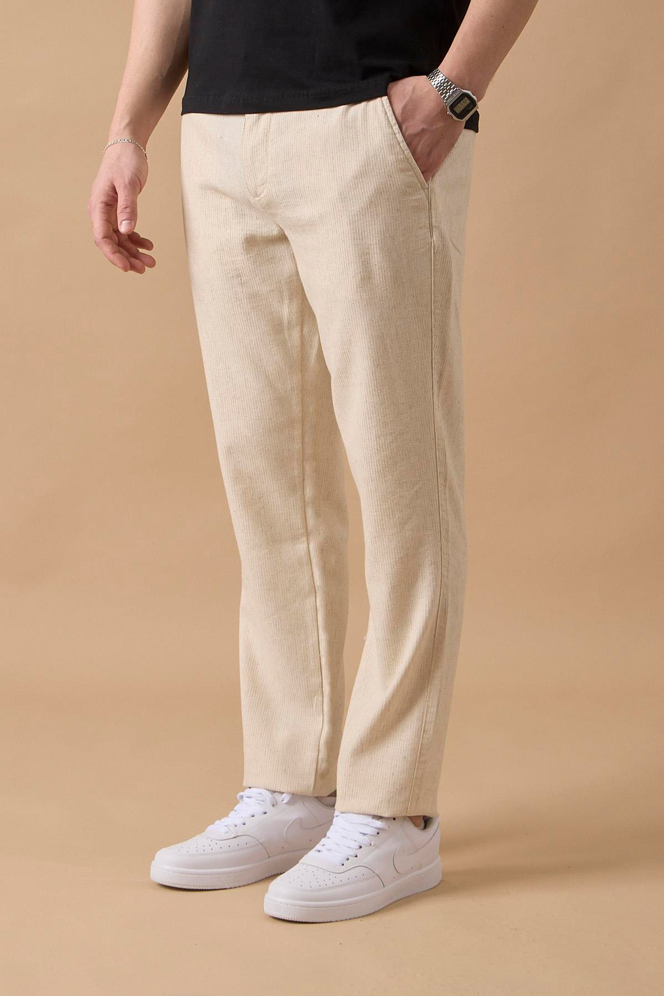 Erkek Bej Slim Fit Keten Karışımlı Çizgili Pantolon
