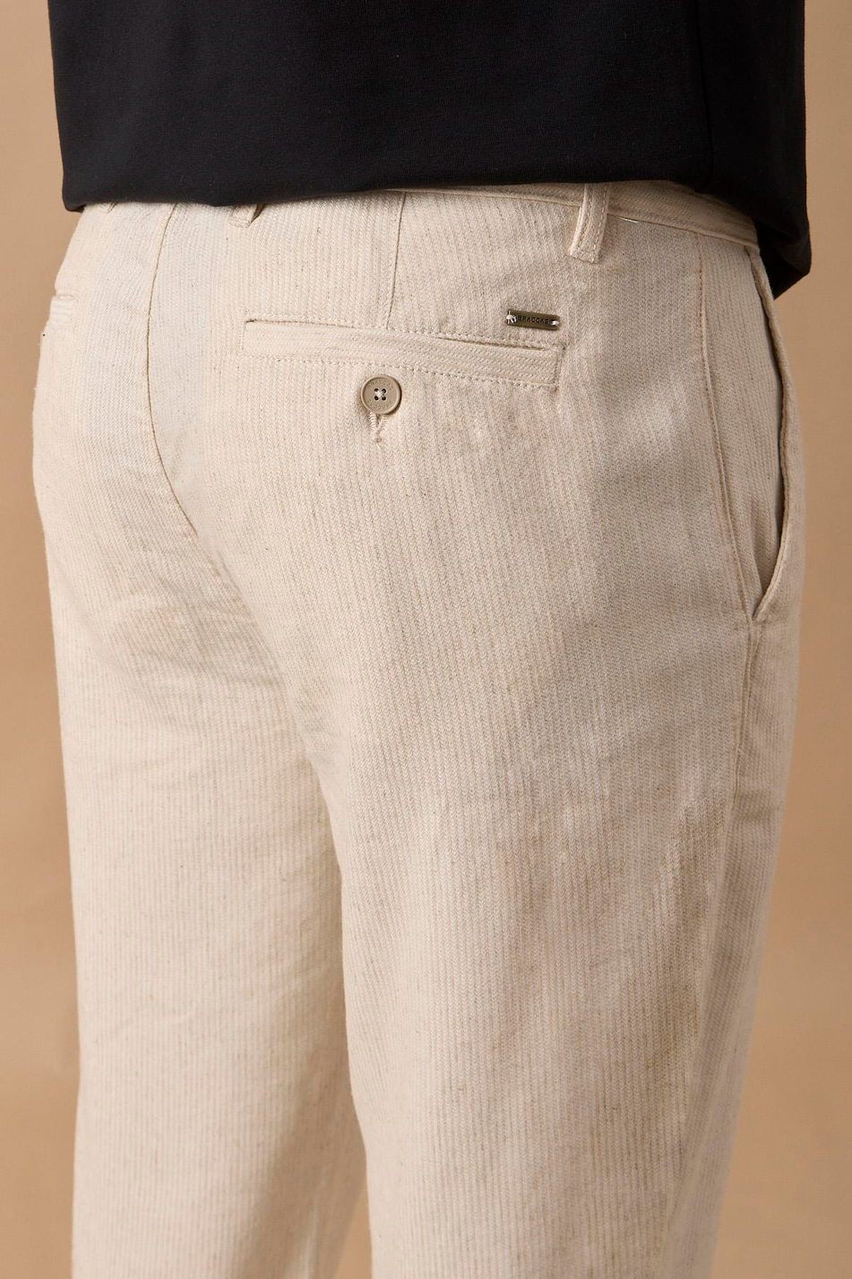 Erkek Bej Slim Fit Keten Karışımlı Çizgili Pantolon