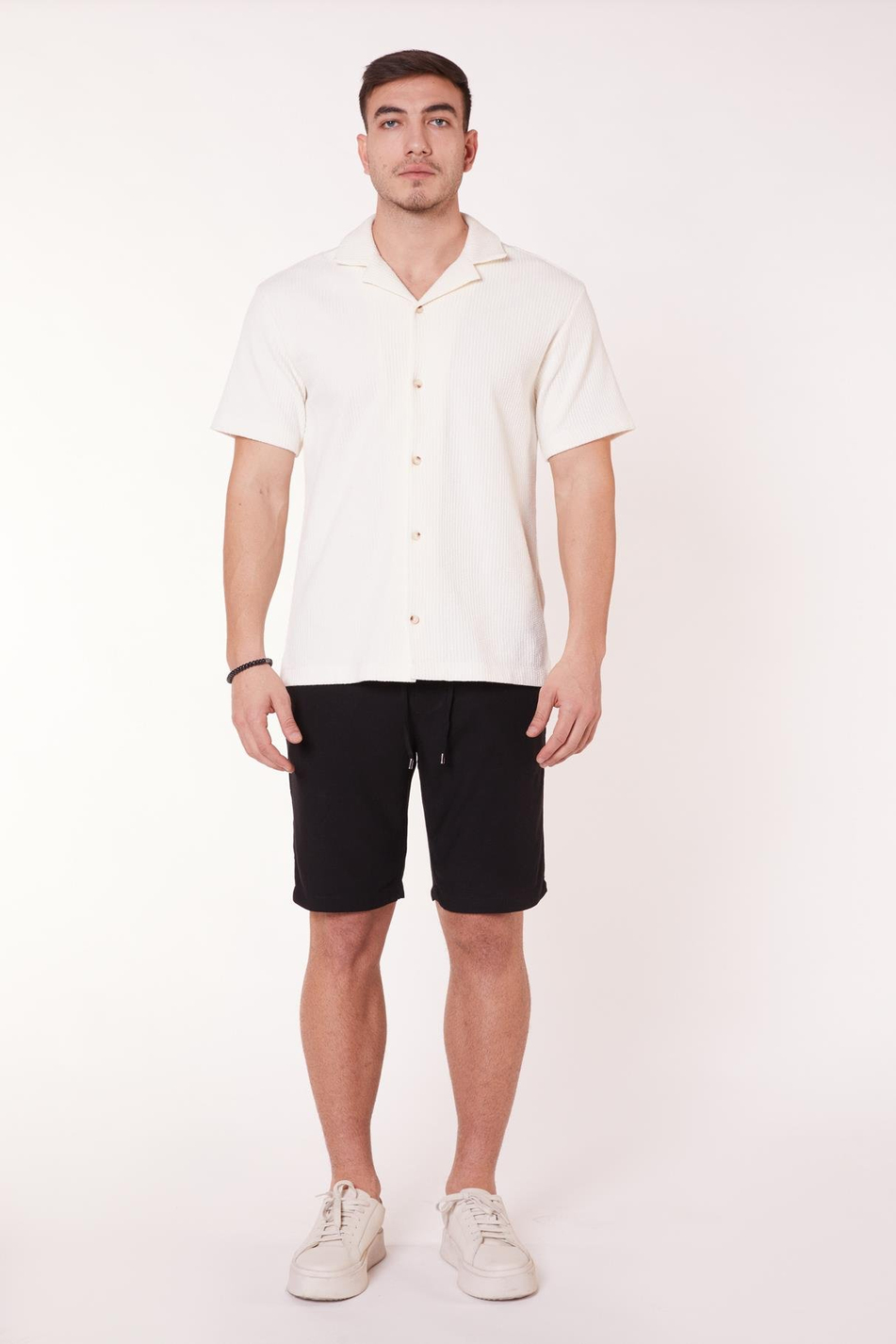 Erkek Beli Lastikli Bağcıklı Keten Karışımlı Slim Fit Jogger Şort Siyah