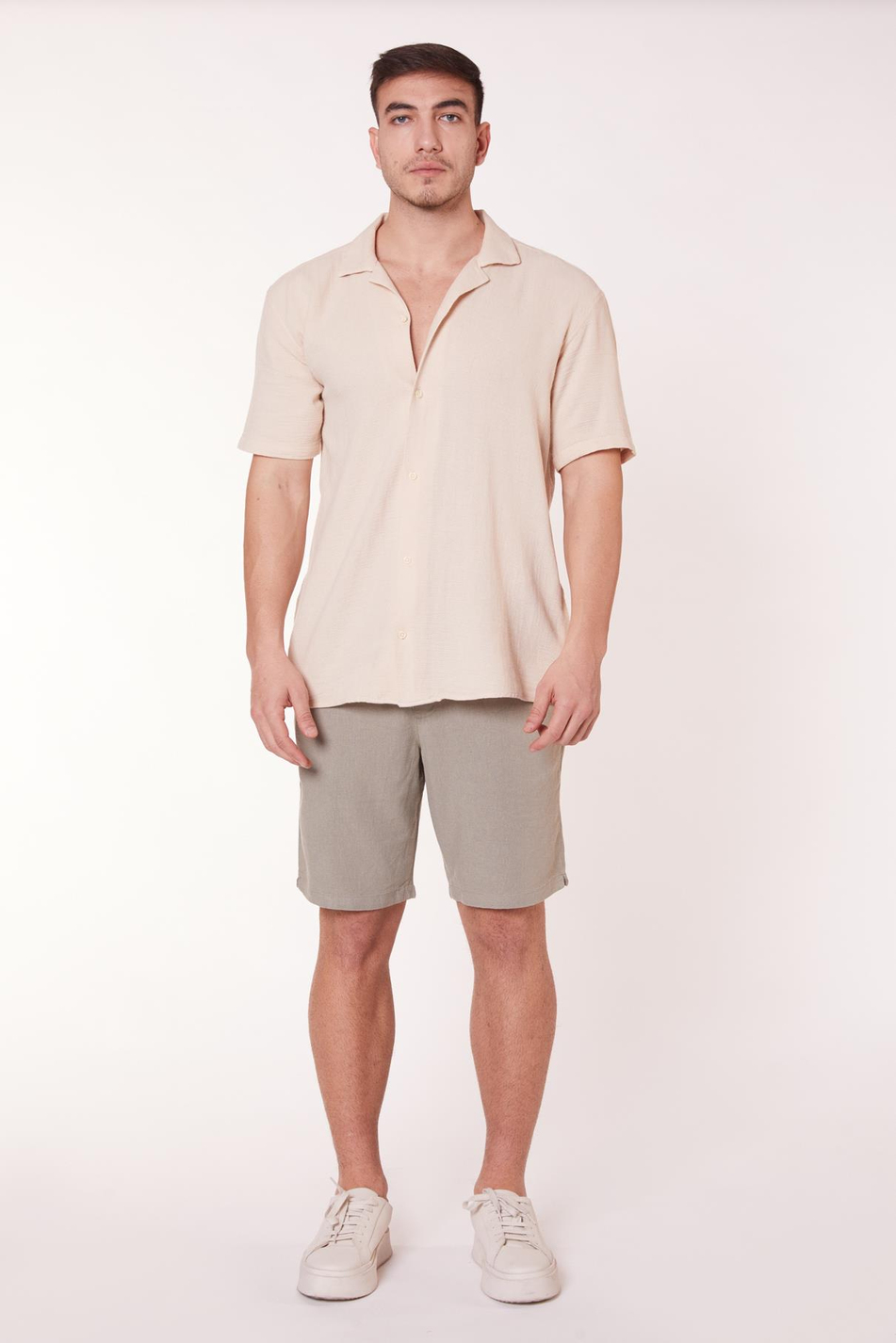 Erkek Beli Lastikli Bağcıklı Keten Karışımlı Slim Fit Jogger Şort Yeşil