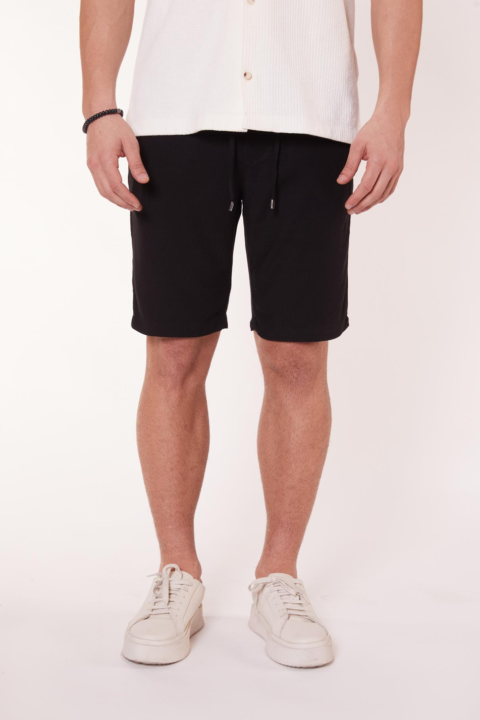 Erkek Beli Lastikli Bağcıklı Keten Karışımlı Slim Fit Jogger Şort Siyah