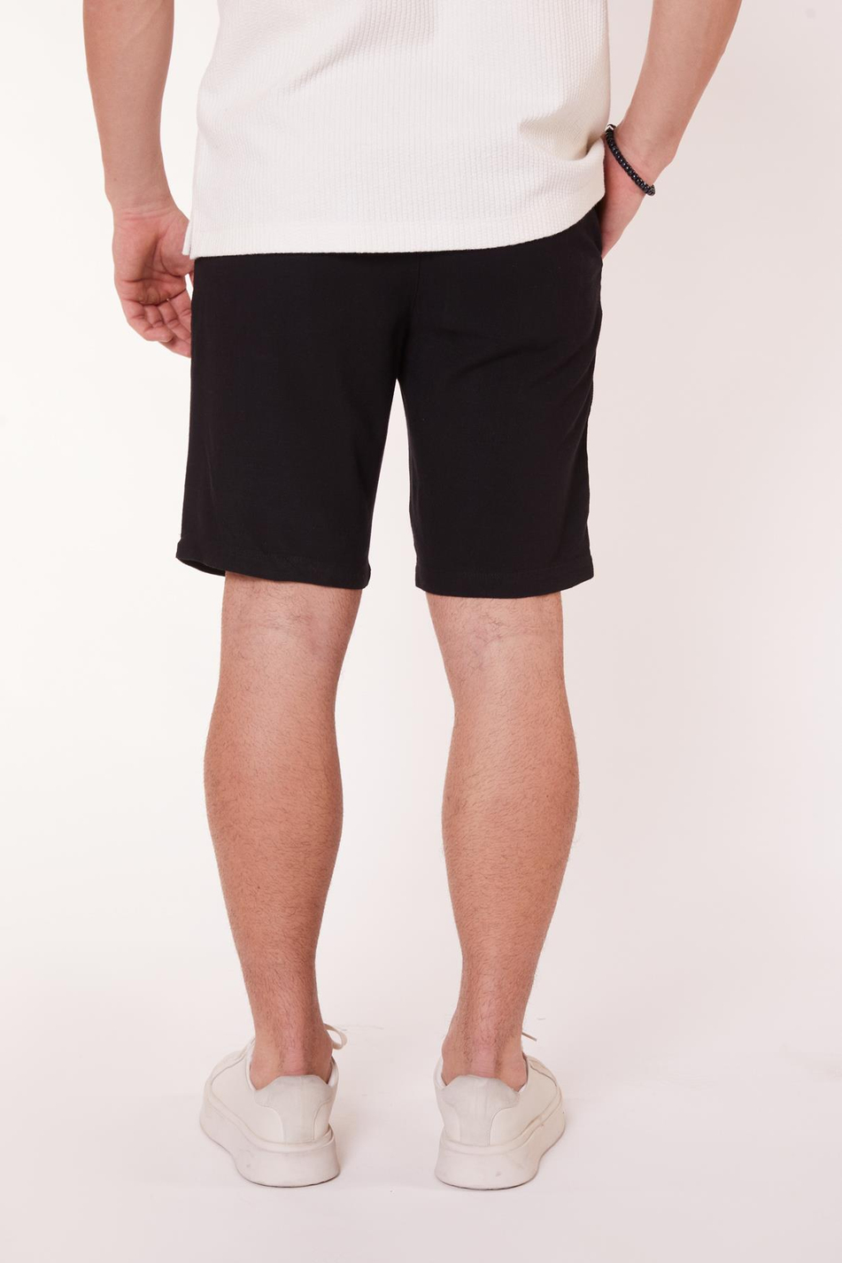 Erkek Beli Lastikli Bağcıklı Keten Karışımlı Slim Fit Jogger Şort Siyah