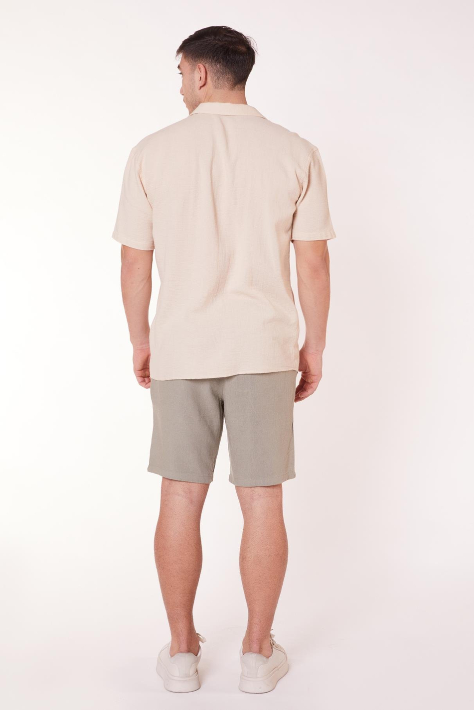 Erkek Beli Lastikli Bağcıklı Keten Karışımlı Slim Fit Jogger Şort Yeşil