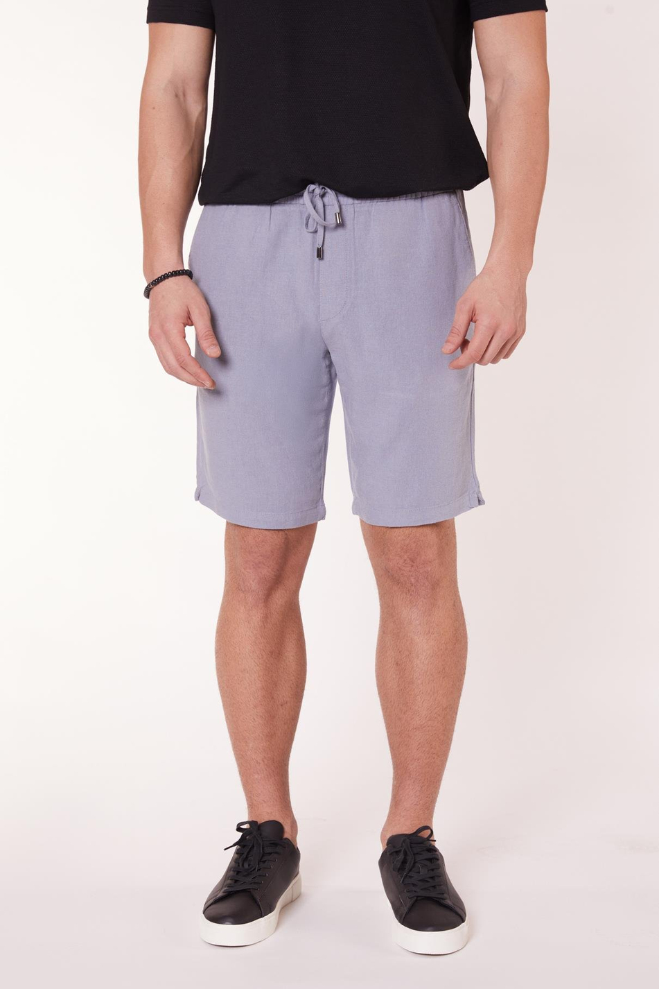 Erkek Beli Lastikli Bağcıklı Keten Karışımlı Slim Fit Jogger Şort Mavi