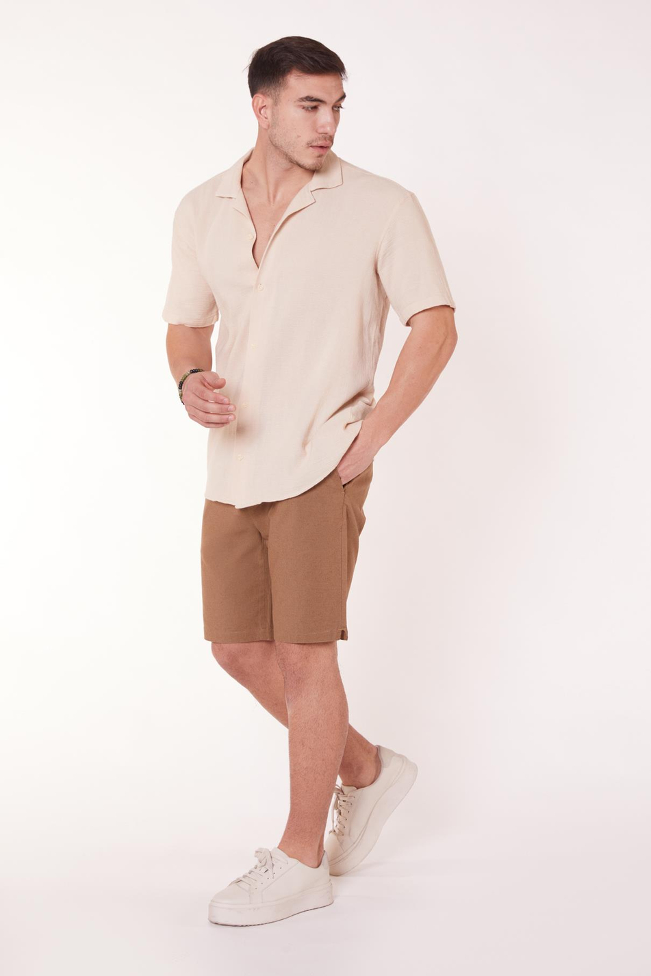 Erkek Beli Lastikli Bağcıklı Pamuk Keten Karışımlı Slim Fit Jogger Şort Vizon