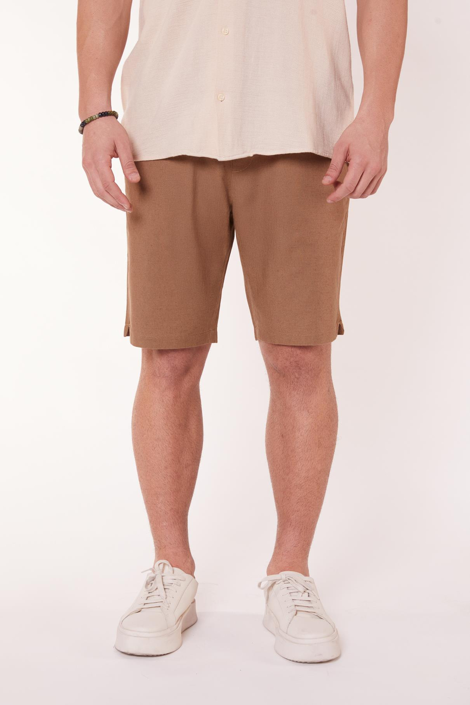 Erkek Beli Lastikli Bağcıklı Pamuk Keten Karışımlı Slim Fit Jogger Şort Vizon