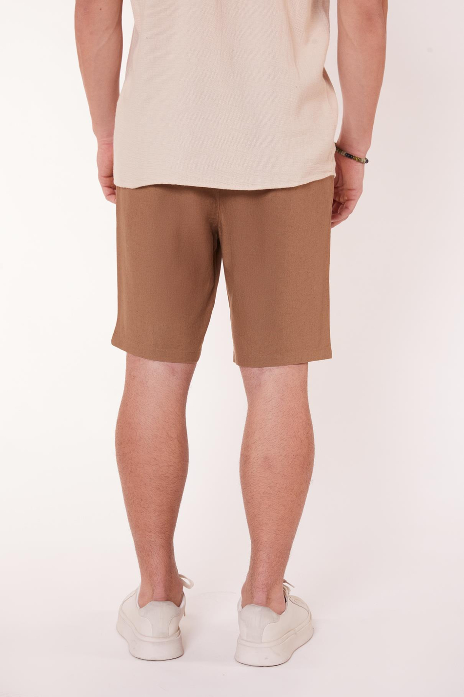 Erkek Beli Lastikli Bağcıklı Pamuk Keten Karışımlı Slim Fit Jogger Şort Vizon