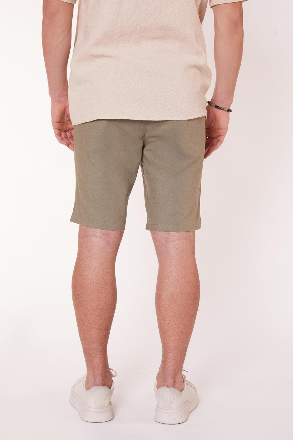 Erkek Beli Lastikli Bağcıklı Pamuk Keten Karışımlı Slim Fit Jogger Şort Haki