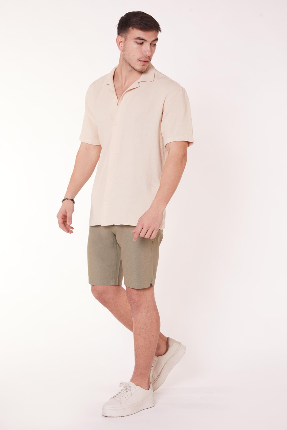 Erkek Beli Lastikli Bağcıklı Pamuk Keten Karışımlı Slim Fit Jogger Şort Haki