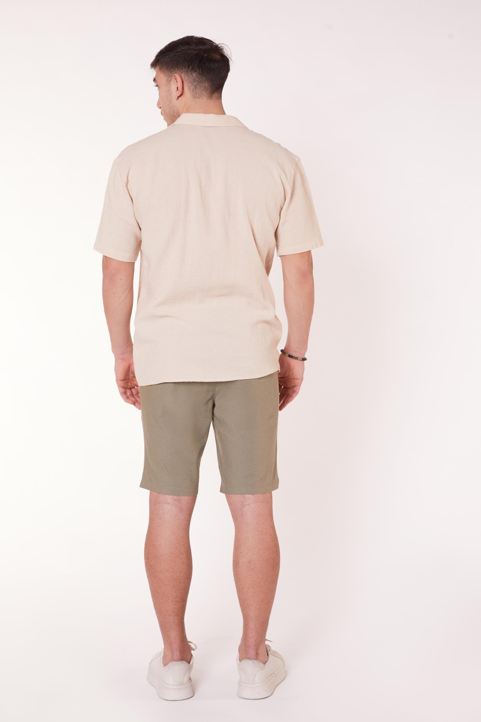 Erkek Beli Lastikli Bağcıklı Pamuk Keten Karışımlı Slim Fit Jogger Şort Haki