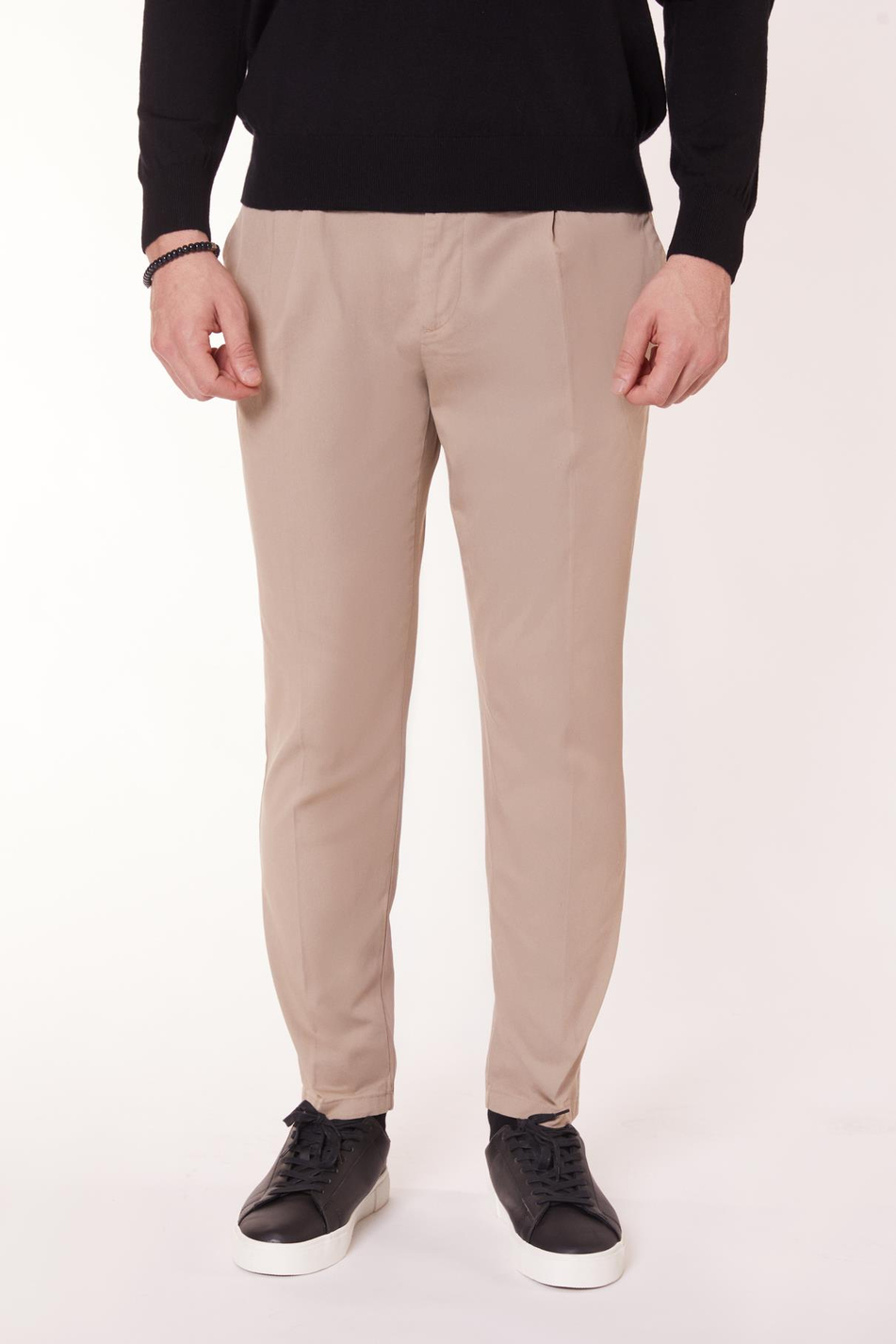 Erkek Beli Yarım Lastikli Arka Cep Fleto Pamuk Slim Fit Bej Pantolon