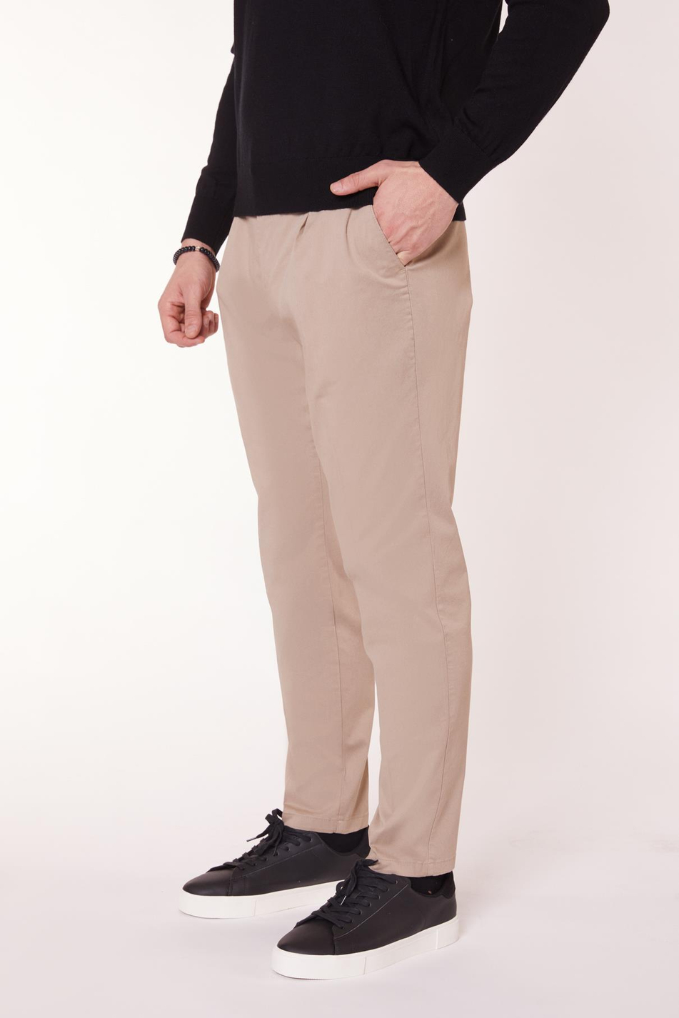 Erkek Beli Yarım Lastikli Arka Cep Fleto Pamuk Slim Fit Bej Pantolon
