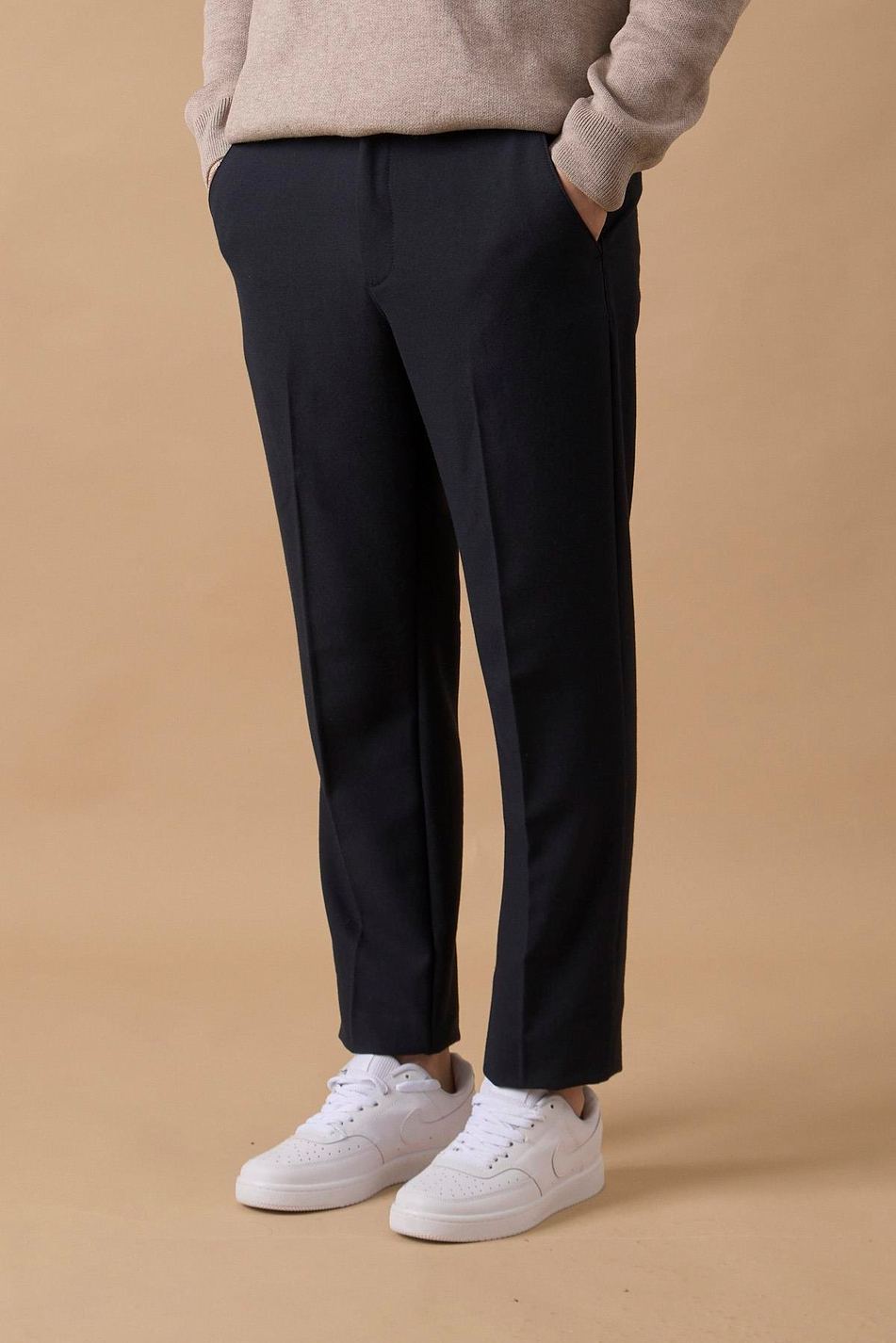 Erkek Beli Yarım Lastikli Fermuarlı Lacivert Chino Pantolon