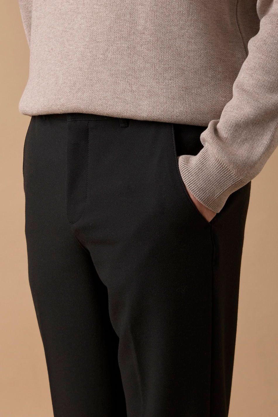 Erkek Beli Yarım Lastikli Fermuarlı Siyah Chino Pantolon