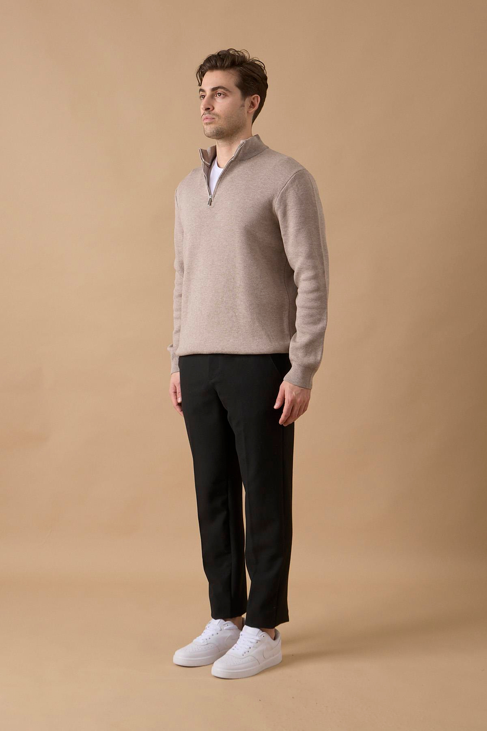 Erkek Beli Yarım Lastikli Fermuarlı Siyah Chino Pantolon