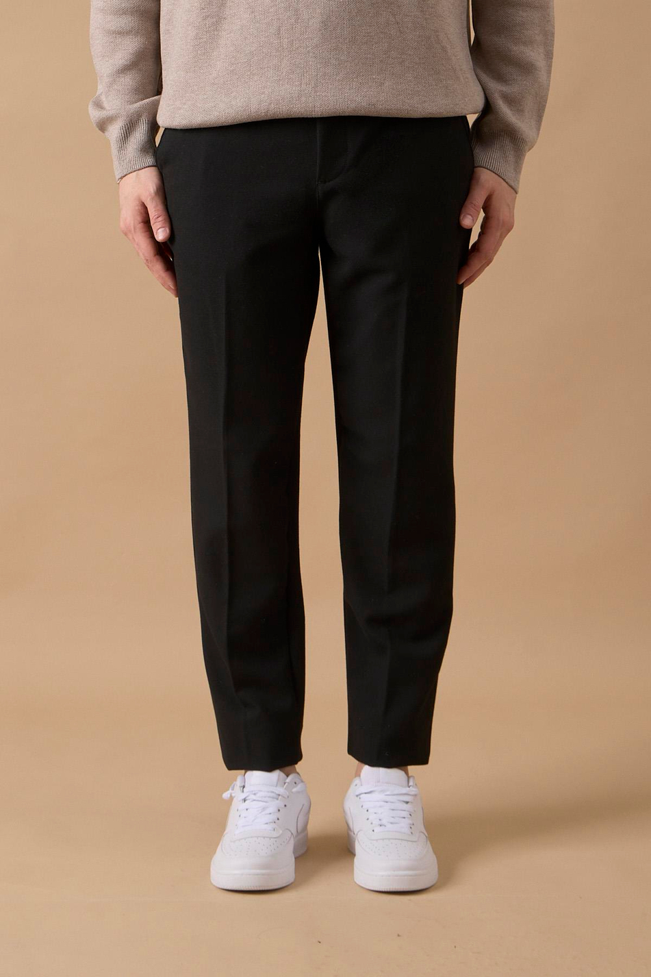 Erkek Beli Yarım Lastikli Fermuarlı Siyah Chino Pantolon