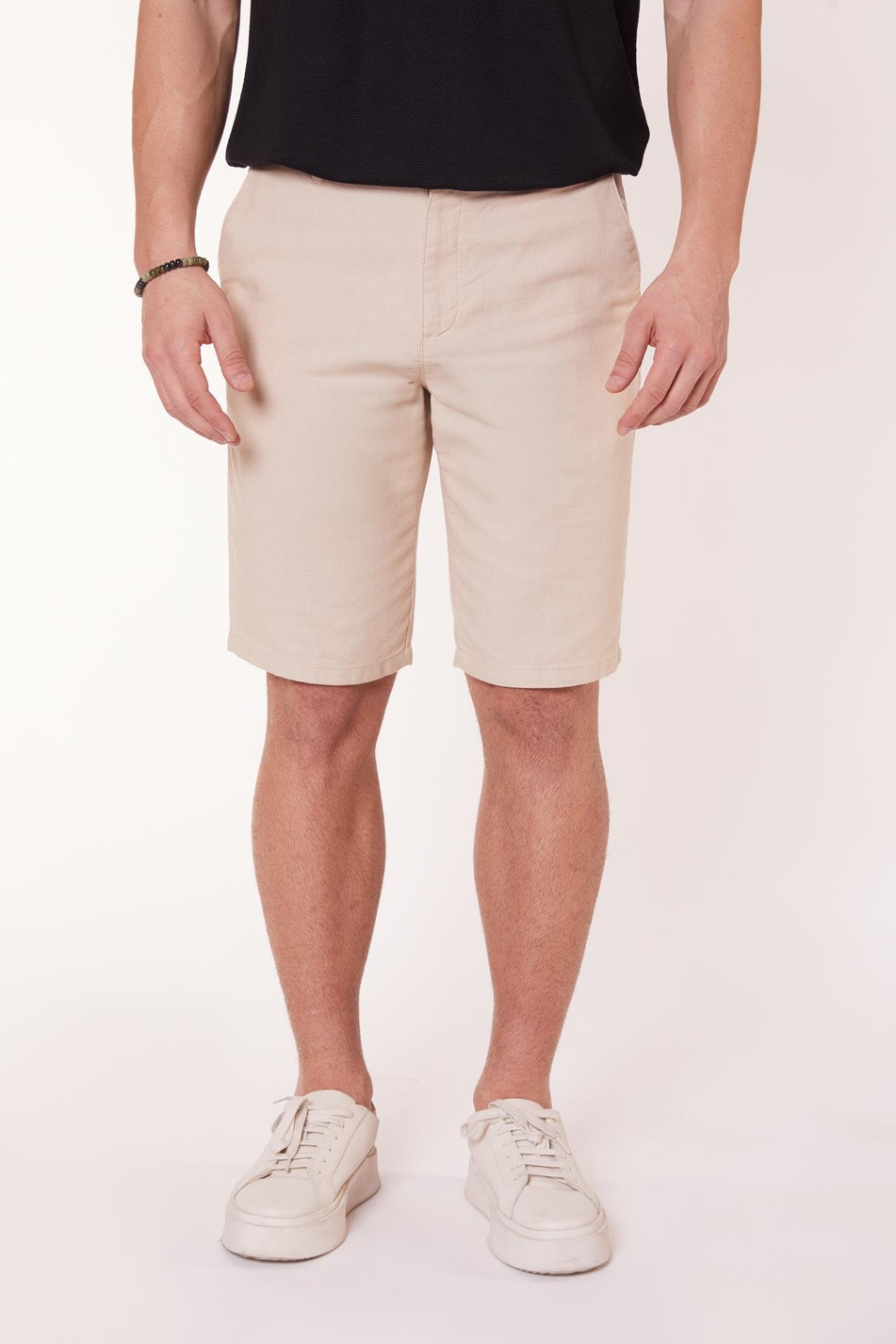 Erkek Beli Yarım Lastikli Keten Görünümlü Pamuk Şort Bej