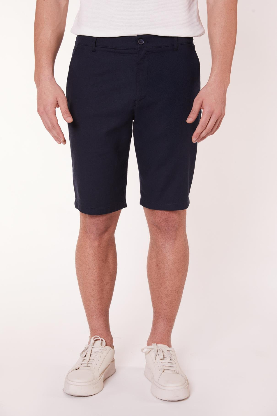 Erkek Beli Yarım Lastikli Keten Görünümlü Pamuk Şort Lacivert