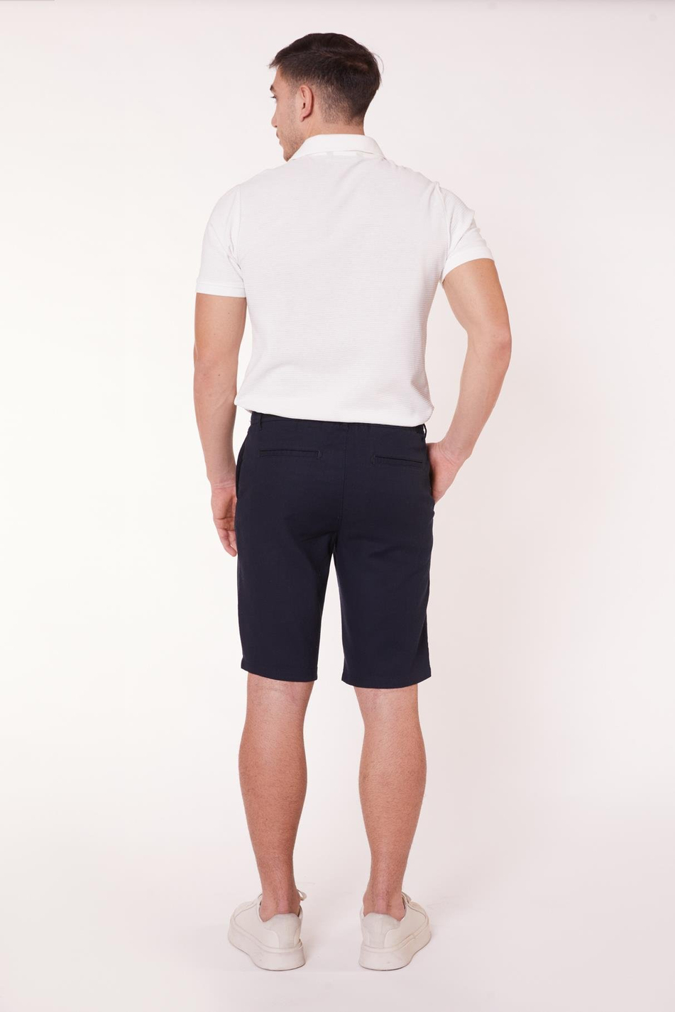 Erkek Beli Yarım Lastikli Keten Görünümlü Pamuk Şort Lacivert